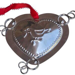 Tin Heart Ornament With Dove Red Ribbon Hanger Folk Art Design 4 Inch